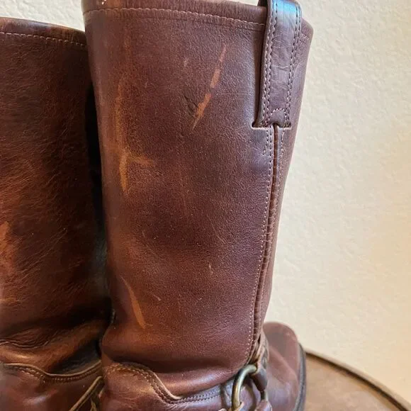 FRYE Harness Brown Leather Belted Square Toe Riding Boots Women's Size 6 - Picture 8 of 16